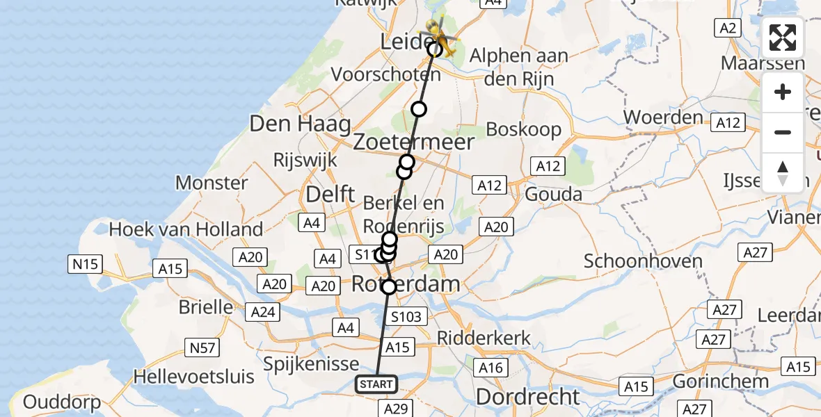Vluchtroute Traumahelikopter Oud-Beijerland - Leiderdorp, 08 augustus 2026, 10:55