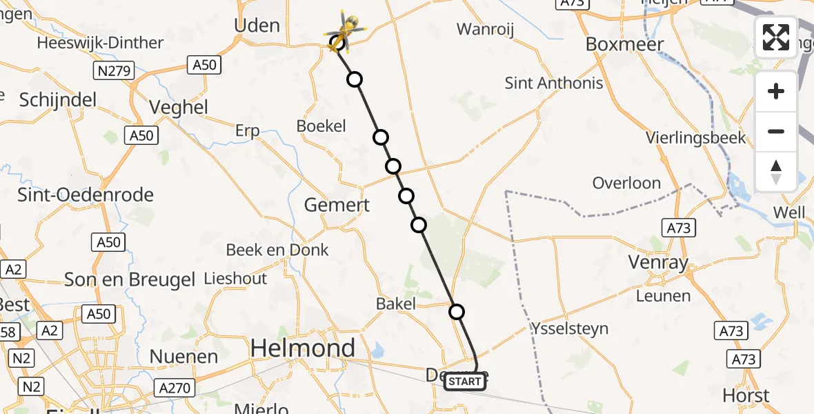 Vluchtroute Traumahelikopter Deurne - Vliegbasis Volkel, 08 augustus 2026, 11:02