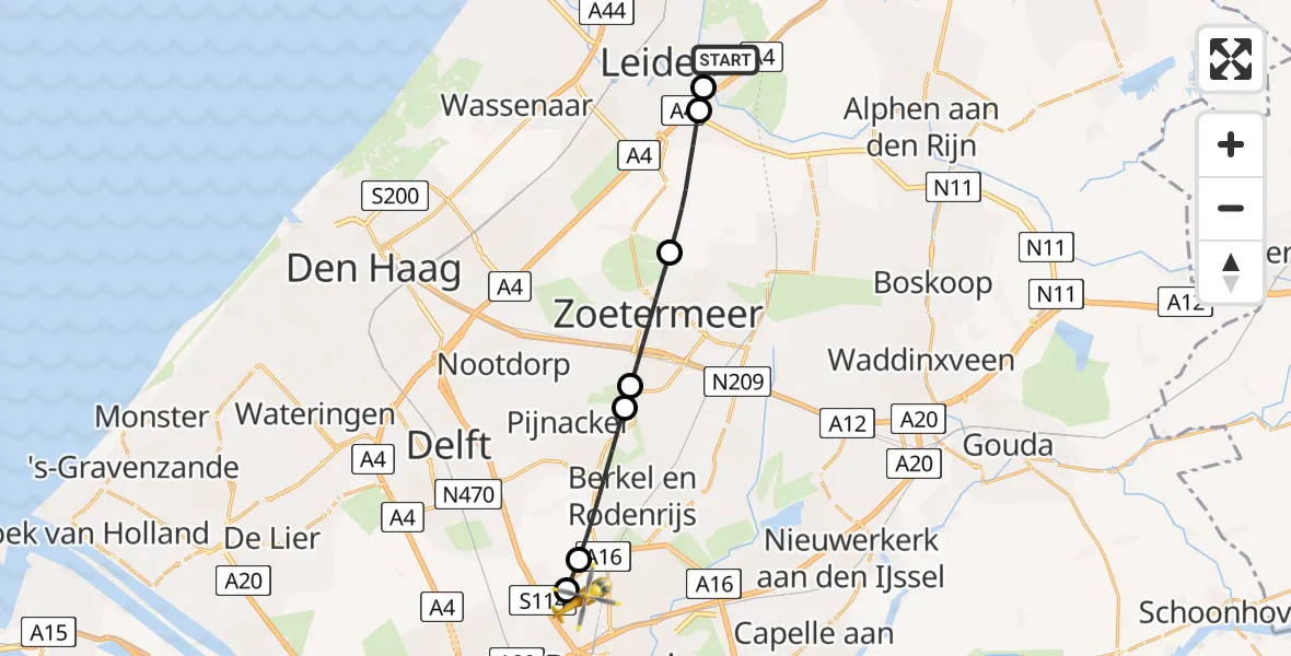 Vluchtroute Traumahelikopter Leiderdorp - Rotterdam The Hague Airport, 08 augustus 2026, 11:25