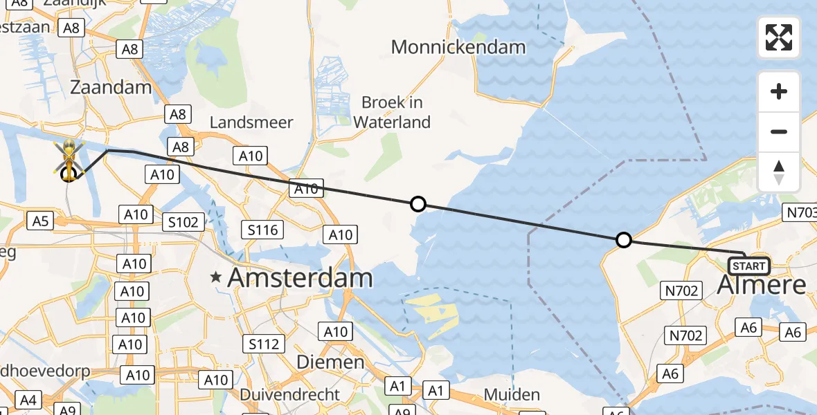 Vluchtroute Traumahelikopter Almere - Amsterdam Heliport, 08 augustus 2026, 12:35