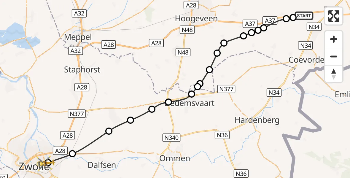 Vluchtroute Traumahelikopter Wachtum - Isala Hospital Zwolle Heliport, 08 augustus 2026, 12:59