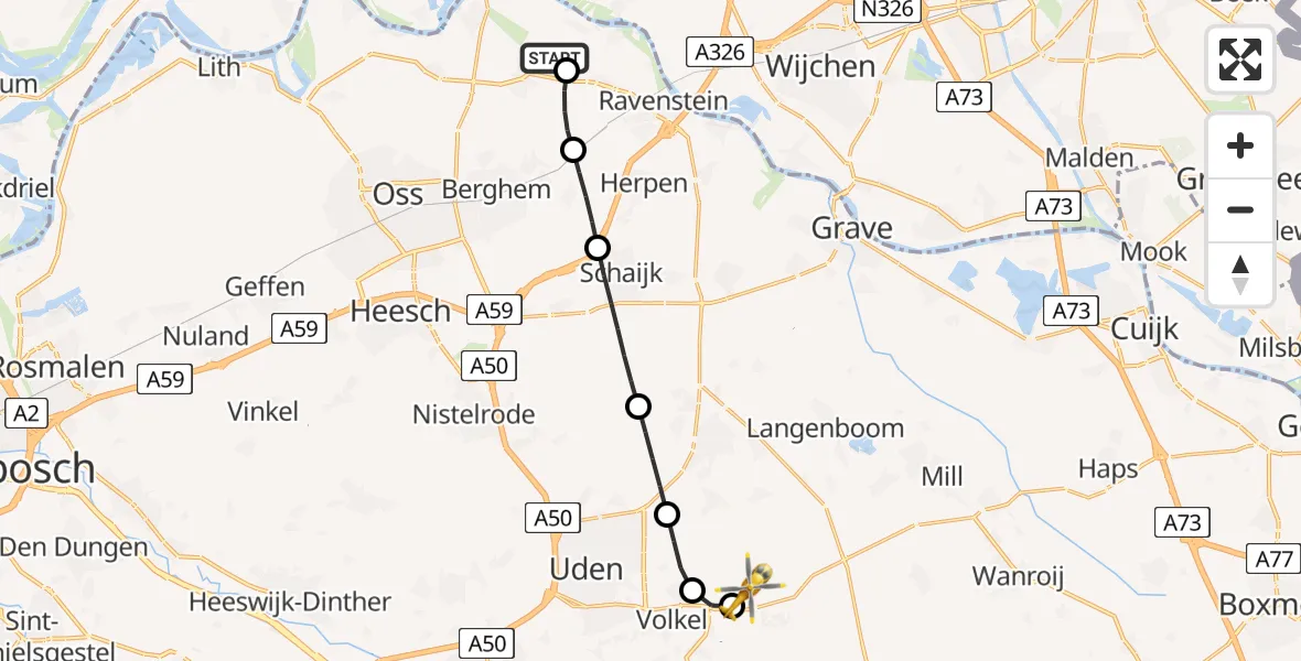 Vluchtroute Traumahelikopter Dieden - Vliegbasis Volkel, 08 augustus 2026, 14:30