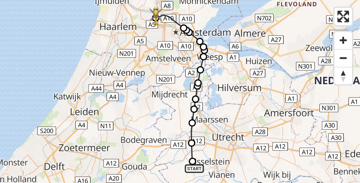Vluchtroute Traumahelikopter Benschop - Amsterdam Heliport, 08 augustus 2026, 14:31