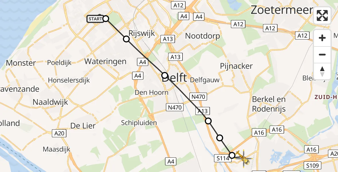 Vluchtroute Traumahelikopter HagaZiekenhuis Den Haag Heliport - Rotterdam The Hague Airport, 08 augustus 2026, 14:46