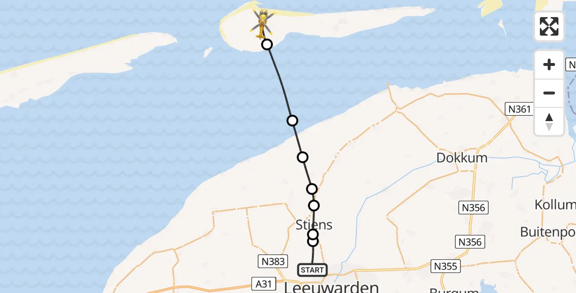 Vluchtroute Ambulancehelikopter Vliegbasis Leeuwarden - Ameland Vliegveld Ballum, 08 augustus 2026, 17:48