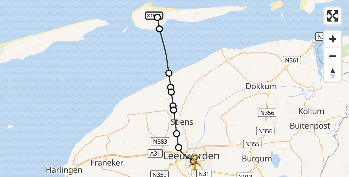 Vluchtroute Ambulancehelikopter Ameland Vliegveld Ballum - Leeuwarden Medical Center Heliport, 08 augustus 2026, 21:34