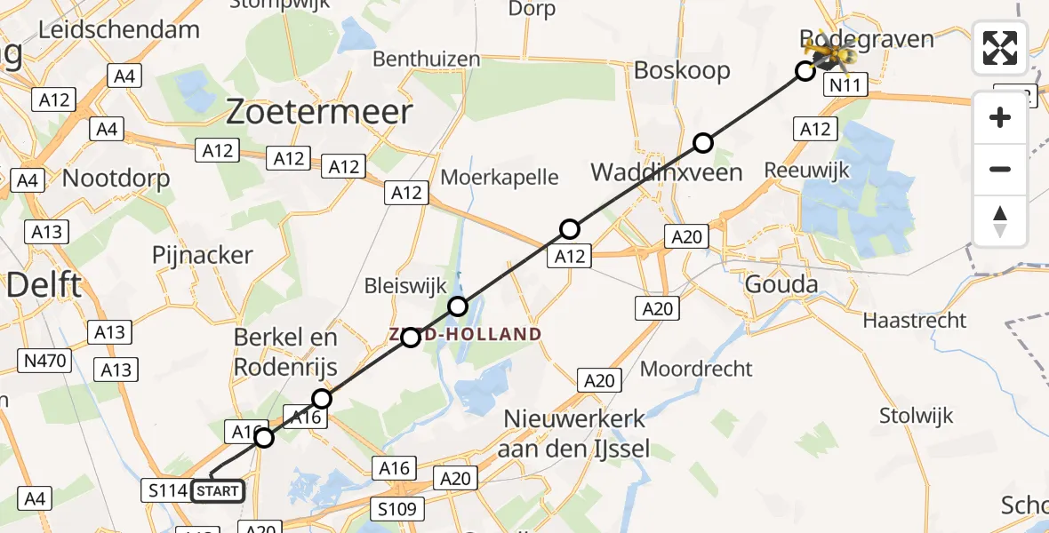 Vluchtroute Traumahelikopter Rotterdam The Hague Airport - Bodegraven, 08 augustus 2026, 22:59