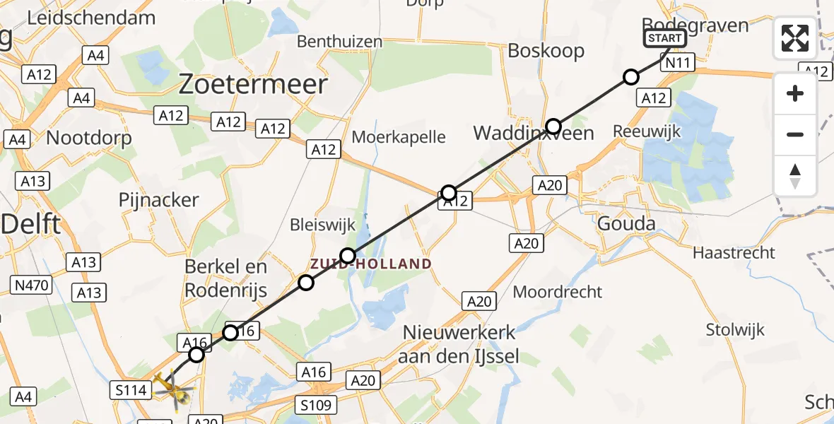 Vluchtroute Traumahelikopter Bodegraven - Rotterdam The Hague Airport, 08 augustus 2026, 23:24