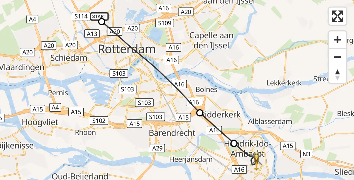 Vluchtroute Traumahelikopter Rotterdam The Hague Airport - Hendrik-Ido-Ambacht, 09 augustus 2026, 01:00
