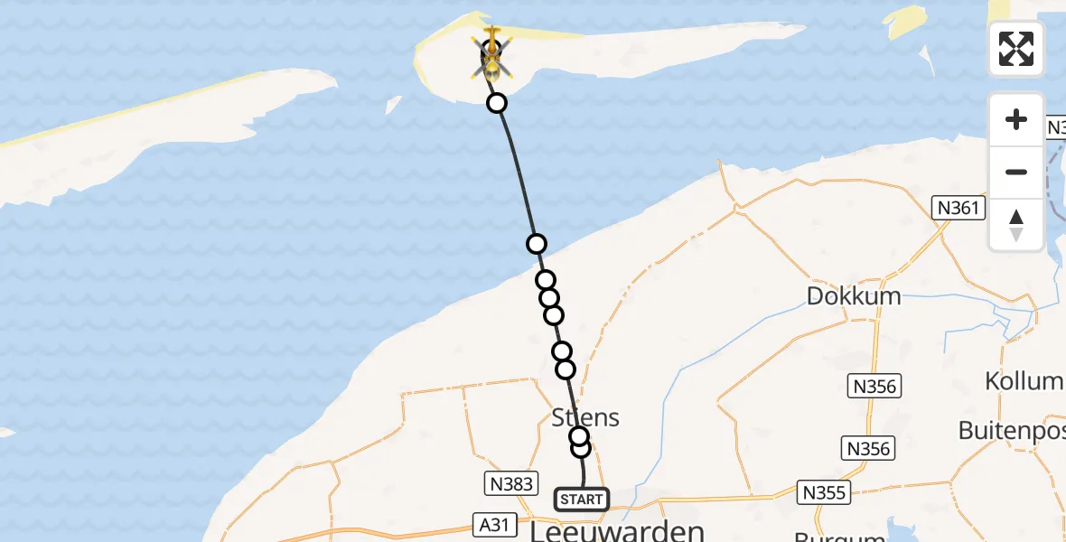 Vluchtroute Ambulancehelikopter Vliegbasis Leeuwarden - Ameland Vliegveld Ballum, 09 augustus 2026, 02:13