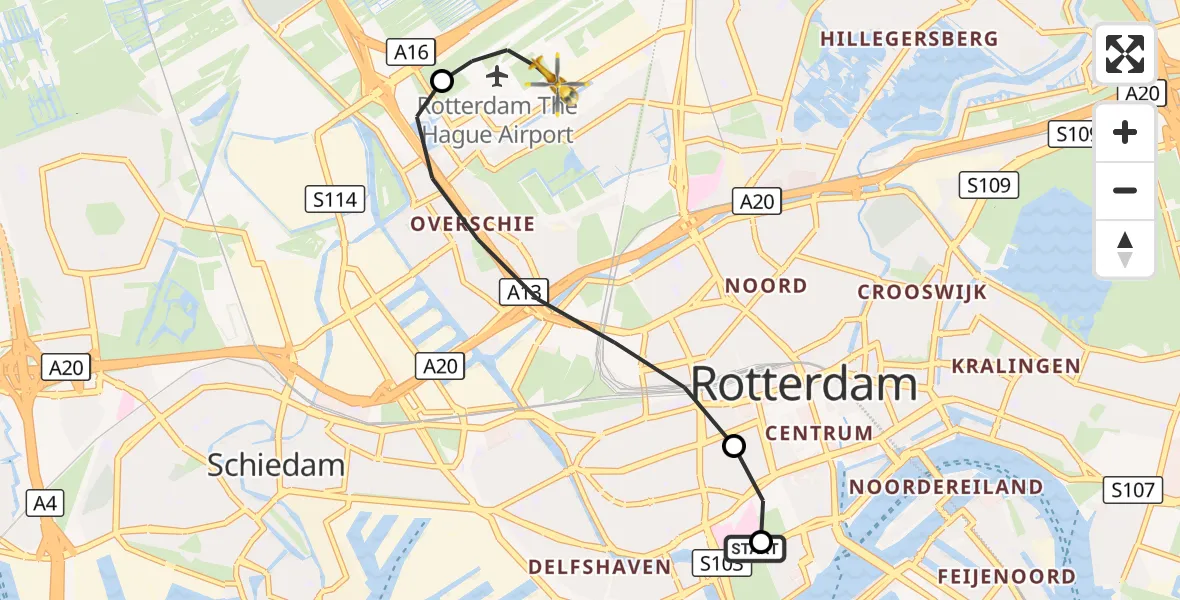 Vluchtroute Traumahelikopter Erasmus MC - Rotterdam The Hague Airport, 09 augustus 2026, 02:27