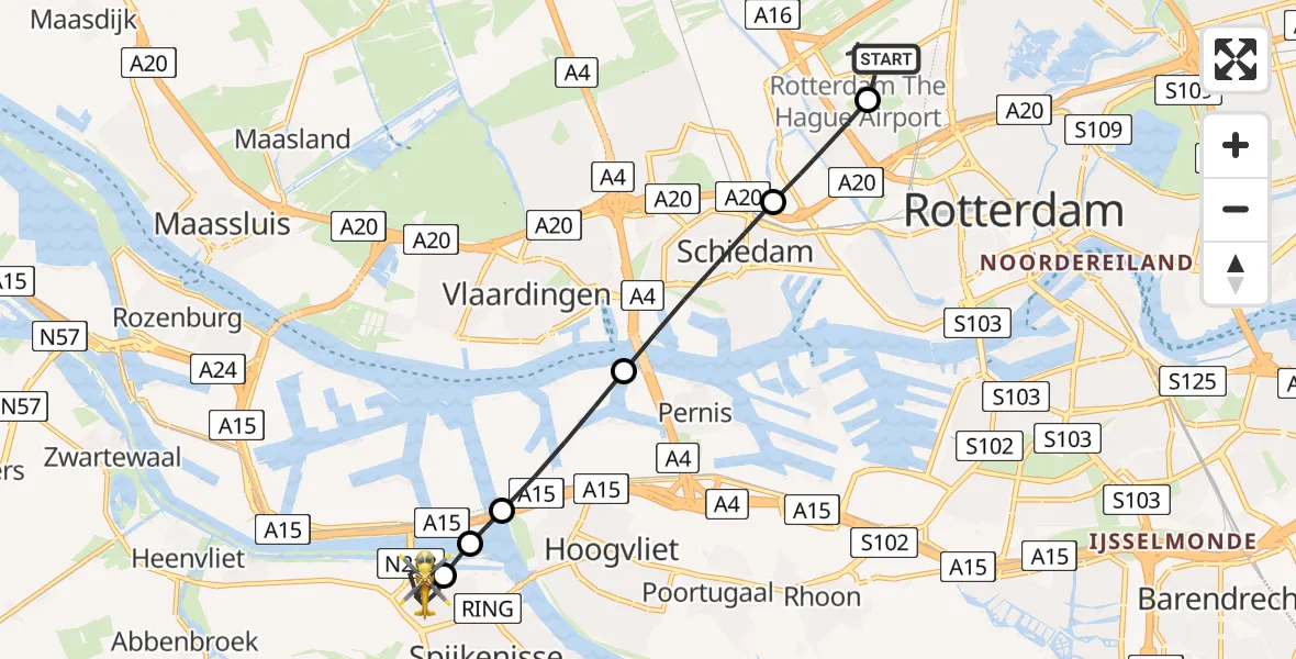 Vluchtroute Traumahelikopter Rotterdam The Hague Airport - Spijkenisse, 09 augustus 2026, 04:37