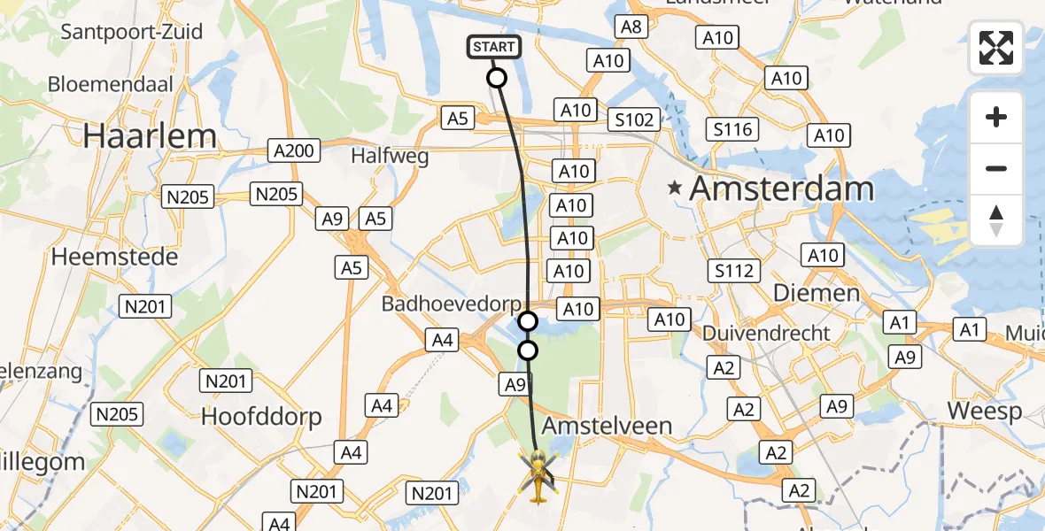 Vluchtroute Traumahelikopter Amsterdam Heliport - Amstelveen, 09 augustus 2026, 06:53
