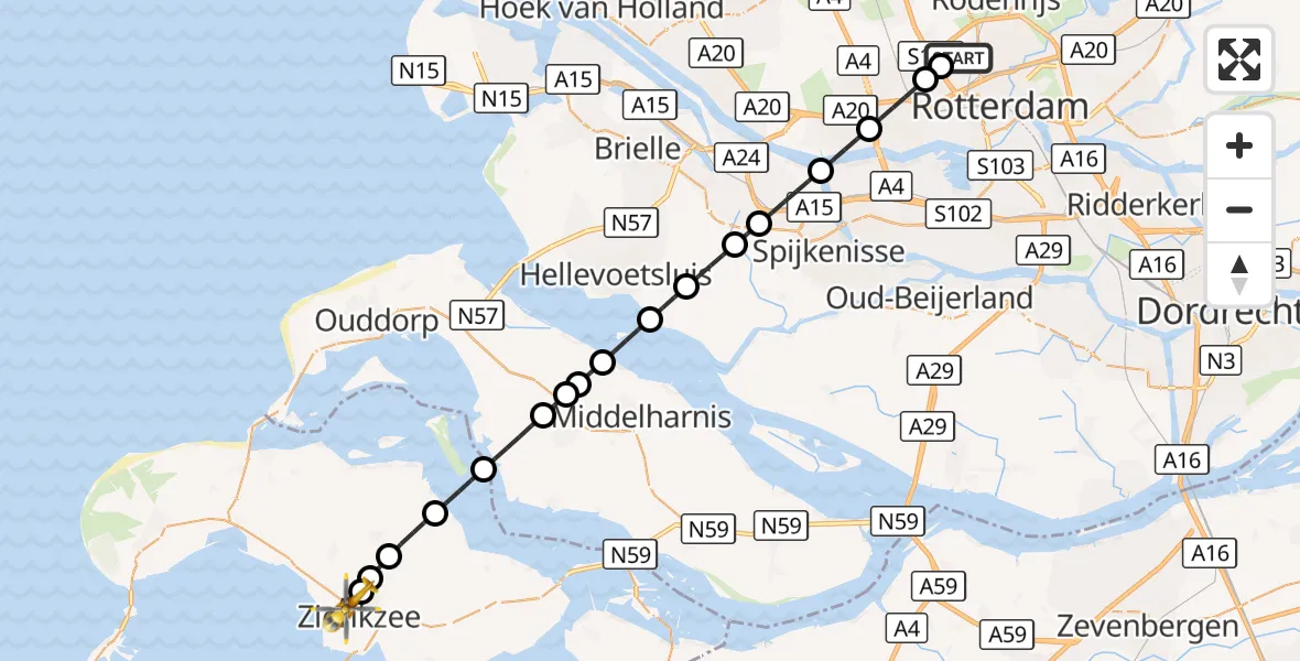 Vluchtroute Traumahelikopter Rotterdam The Hague Airport - Zierikzee, 09 augustus 2026, 07:08