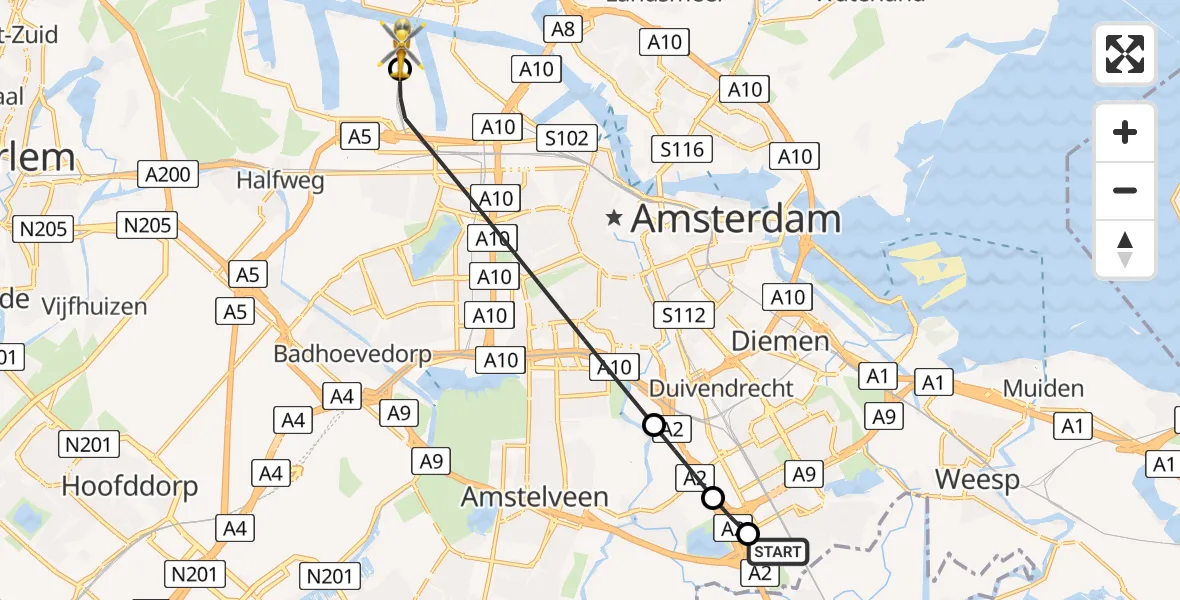 Vluchtroute Traumahelikopter Amsterdam UMC Helipad - Amsterdam Heliport, 09 augustus 2026, 08:22