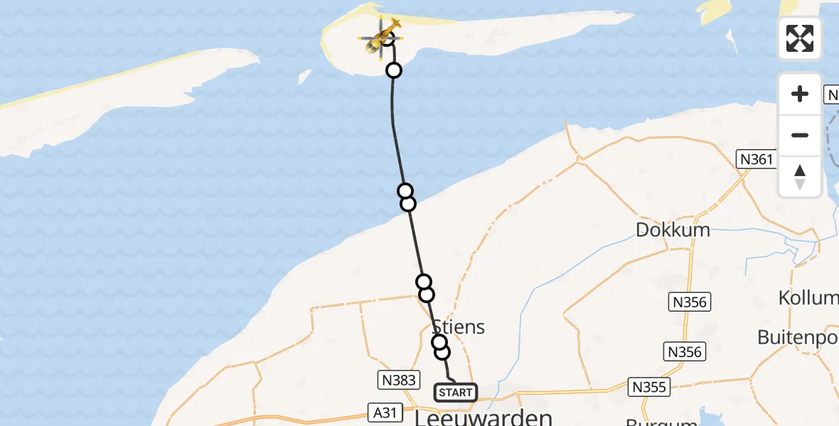 Vluchtroute Ambulancehelikopter Vliegbasis Leeuwarden - Ameland Vliegveld Ballum, 09 augustus 2026, 09:05