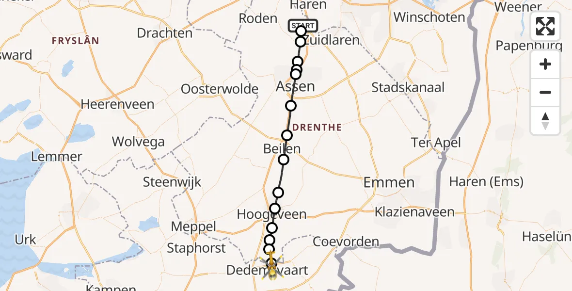 Vluchtroute Traumahelikopter Groningen Airport Eelde - Dedemsvaart, 09 augustus 2026, 09:20