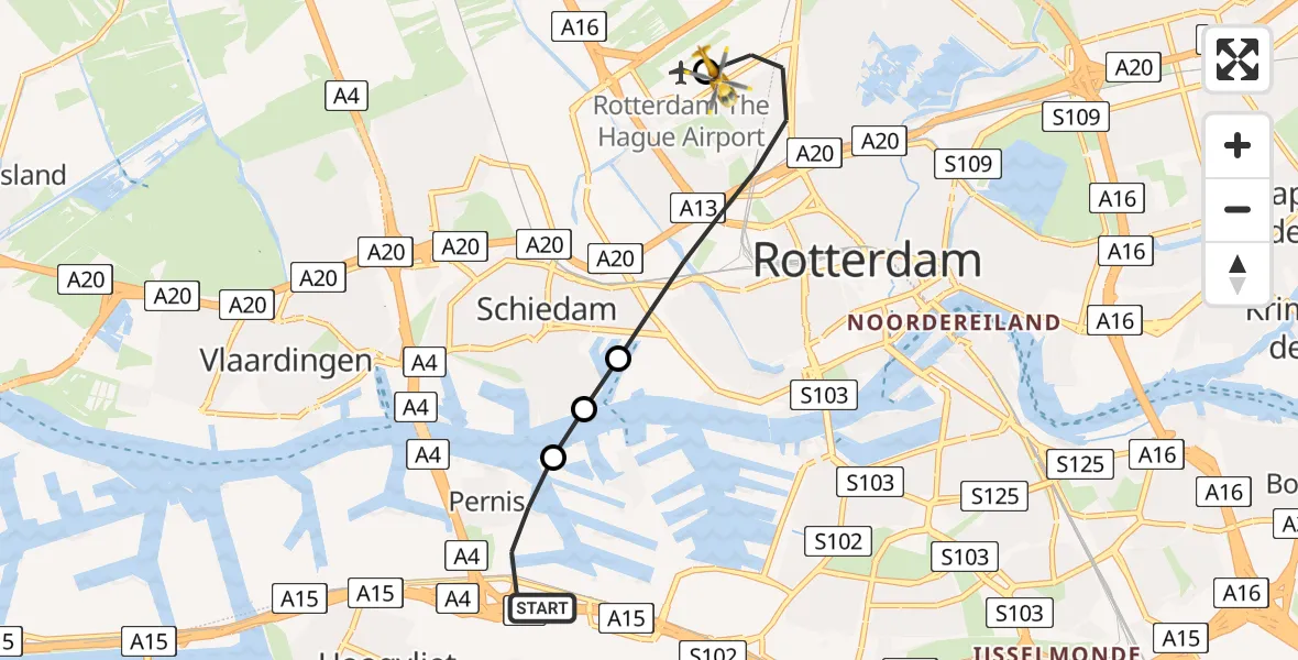 Vluchtroute Traumahelikopter Pernis Rotterdam - Rotterdam The Hague Airport, 09 augustus 2026, 09:26
