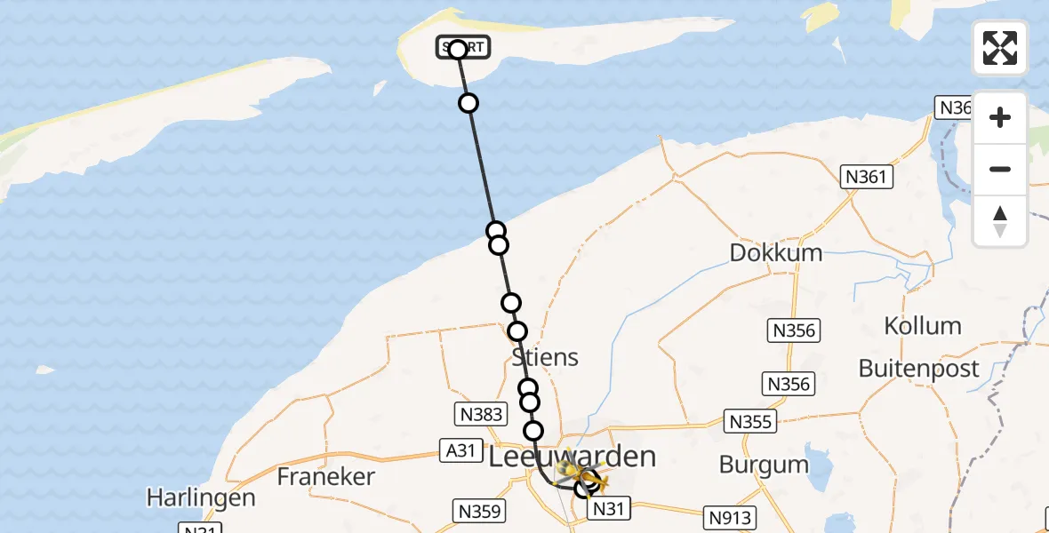 Vluchtroute Ambulancehelikopter Ameland Vliegveld Ballum - Leeuwarden Medical Center Heliport, 09 augustus 2026, 09:30