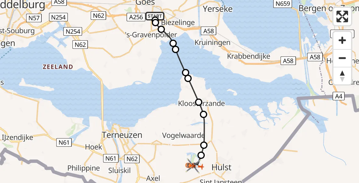 Vluchtroute Kustwachthelikopter Admiral De Ruyter Hospital Heliport - Hulst, 09 augustus 2026, 09:40