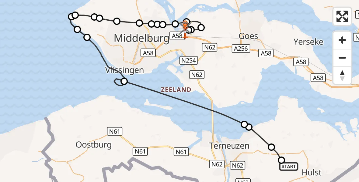 Vluchtroute Kustwachthelikopter Hulst - Vliegveld Midden-Zeeland, 09 augustus 2026, 10:18