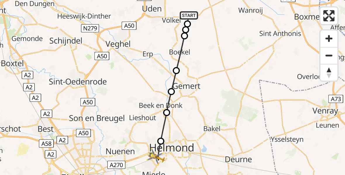 Vluchtroute Traumahelikopter Vliegbasis Volkel - Helmond, 09 augustus 2026, 10:20