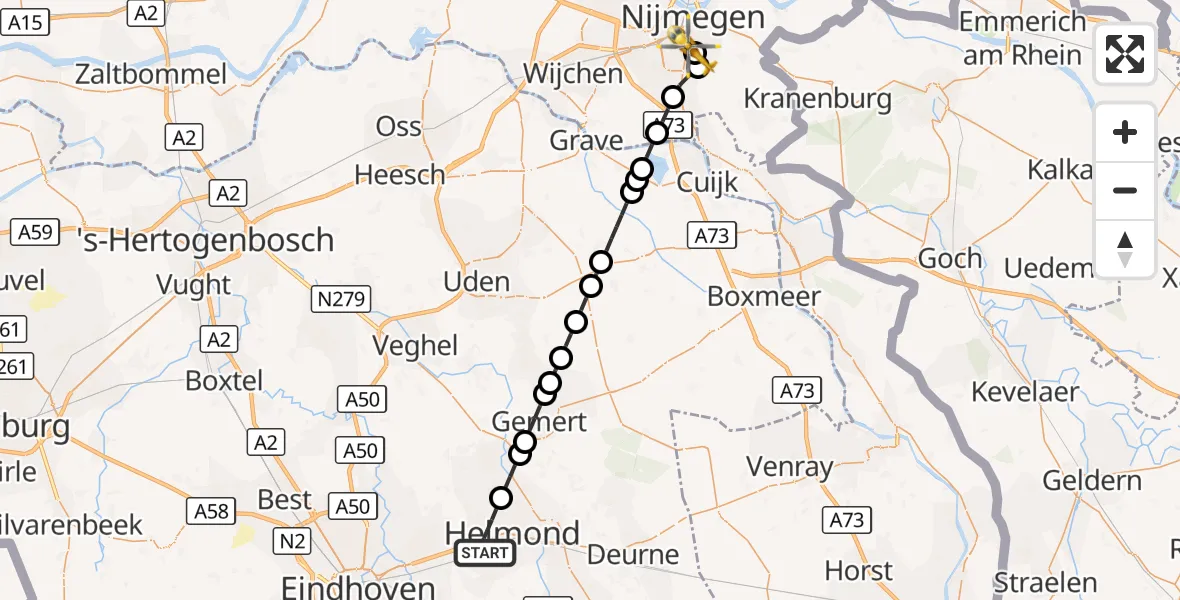 Vluchtroute Traumahelikopter Helmond - Radboud University Medical Center Heliport, 09 augustus 2026, 10:49