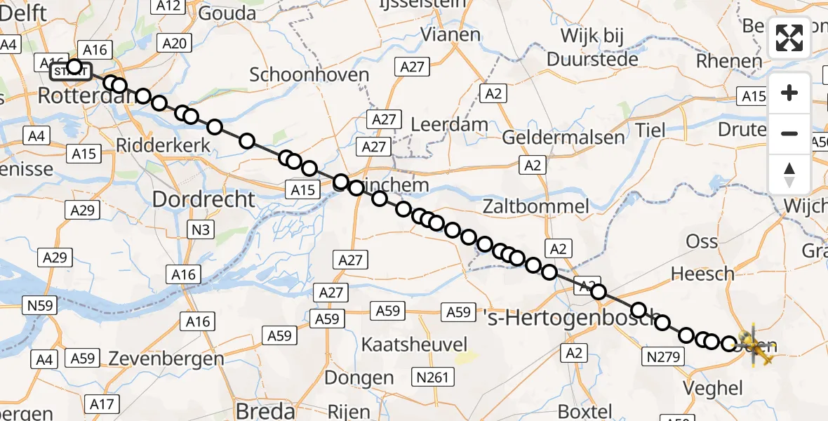 Vluchtroute Traumahelikopter Rotterdam The Hague Airport - Uden, 09 augustus 2026, 10:50