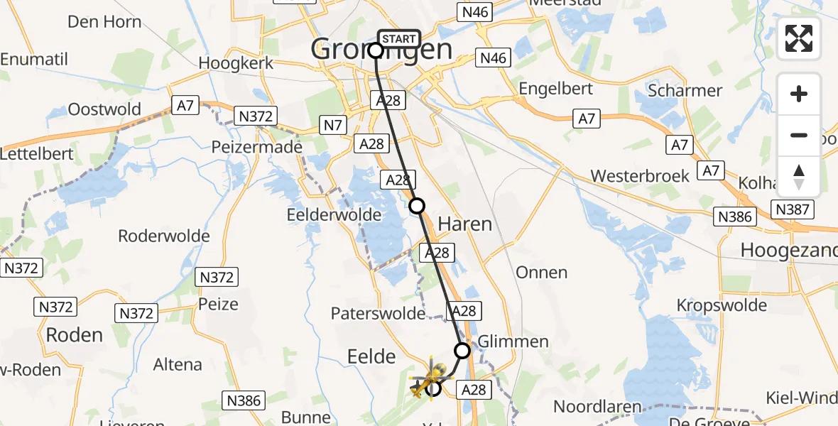 Vluchtroute Traumahelikopter Universitair Medisch Centrum Groningen - Groningen Airport Eelde, 09 augustus 2026, 10:56