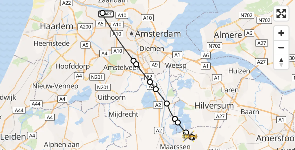 Vluchtroute Traumahelikopter Amsterdam Heliport - Tienhoven, 09 augustus 2026, 10:57