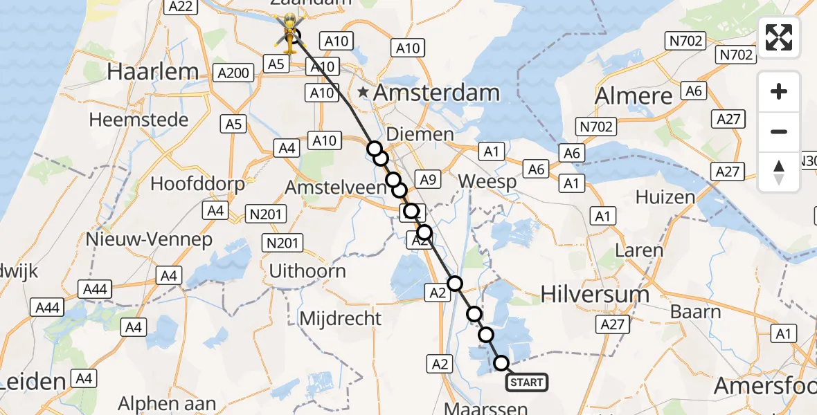 Vluchtroute Traumahelikopter Tienhoven - Amsterdam Heliport, 09 augustus 2026, 11:25