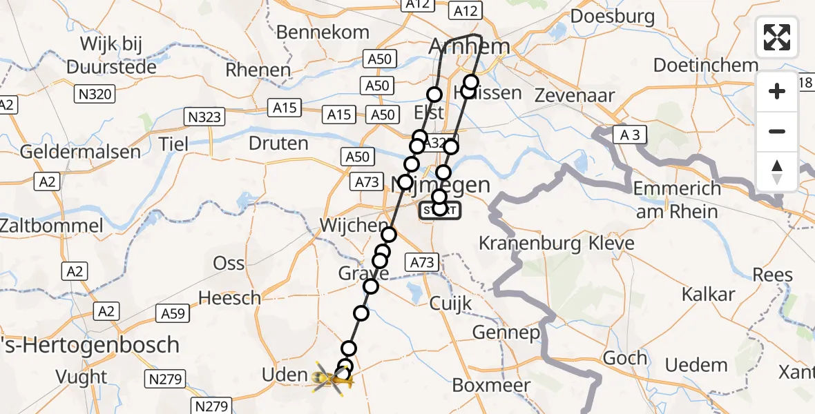 Vluchtroute Traumahelikopter Radboud Universitair Medisch Centrum - Vliegbasis Volkel, 09 augustus 2026, 11:40