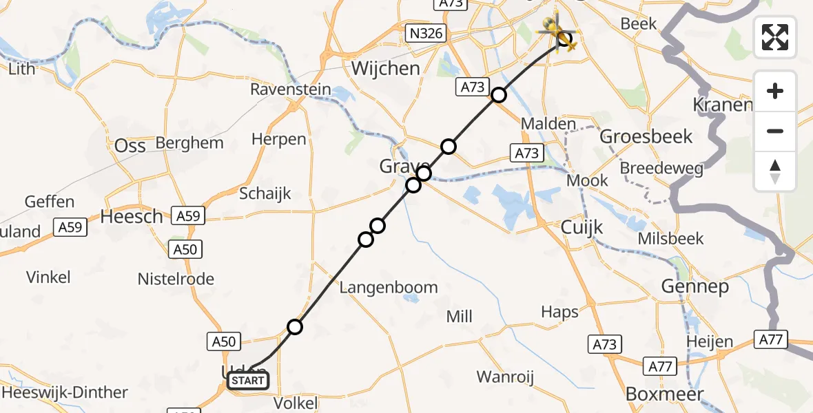 Vluchtroute Traumahelikopter Uden - Radboud University Medical Center Heliport, 09 augustus 2026, 11:53