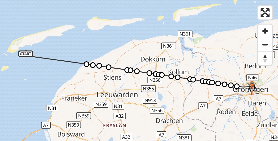 Vluchtroute Kustwachthelikopter Waddenzee - Universitair Medisch Centrum Groningen, 09 augustus 2026, 12:00
