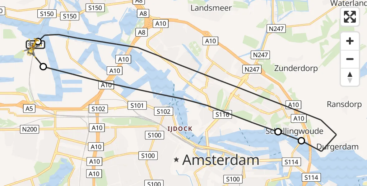 Vluchtroute Traumahelikopter Amsterdam Heliport - Amsterdam Heliport, 09 augustus 2026, 12:28