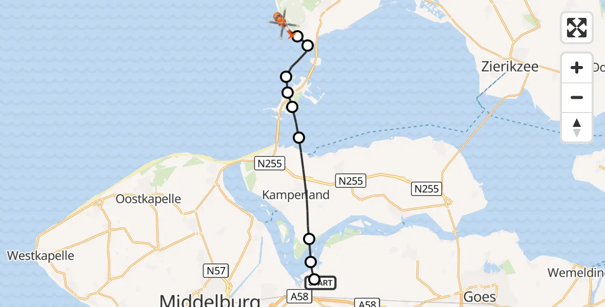 Vluchtroute Kustwachthelikopter Vliegveld Midden-Zeeland - Noordzee, 09 augustus 2026, 12:53