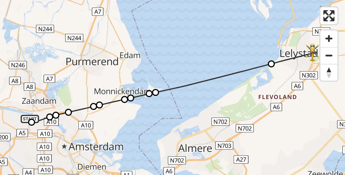 Vluchtroute Traumahelikopter Amsterdam Heliport - Lelystad, 09 augustus 2026, 13:07