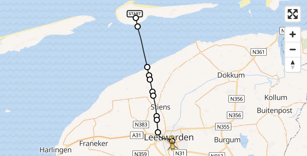 Vluchtroute Ambulancehelikopter Ameland Vliegveld Ballum - Leeuwarden Medical Center Heliport, 09 augustus 2026, 13:25