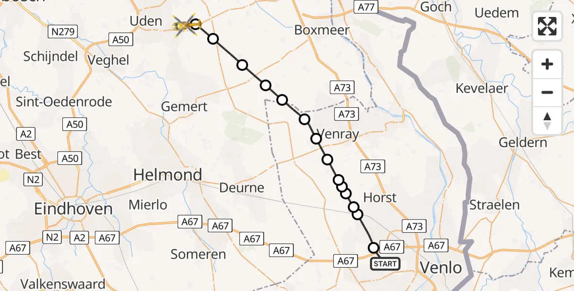 Vluchtroute Traumahelikopter Maasbree - Vliegbasis Volkel, 09 augustus 2026, 13:25