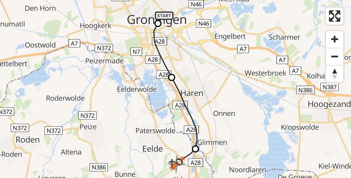 Vluchtroute Kustwachthelikopter Universitair Medisch Centrum Groningen - Groningen Airport Eelde, 09 augustus 2026, 13:45