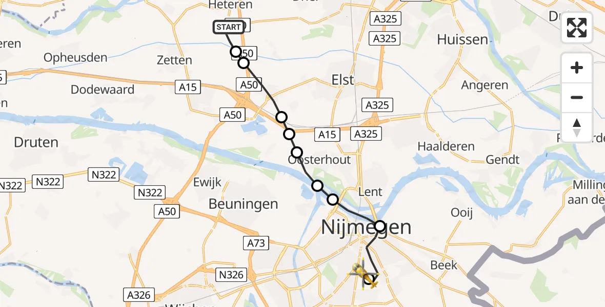 Vluchtroute Traumahelikopter Heteren - Radboud University Medical Center Heliport, 09 augustus 2026, 14:39