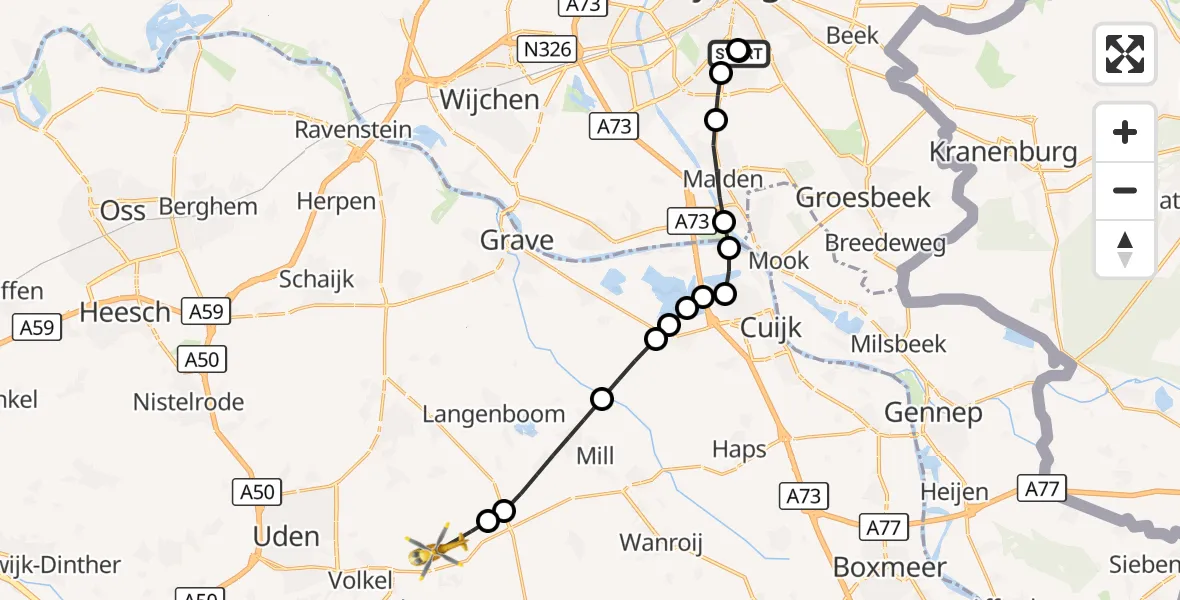 Vluchtroute Traumahelikopter Radboud Universitair Medisch Centrum - Vliegbasis Volkel, 09 augustus 2026, 15:01