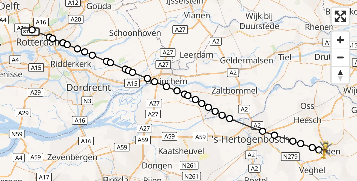 Vluchtroute Traumahelikopter Rotterdam The Hague Airport - Uden, 09 augustus 2026, 15:50