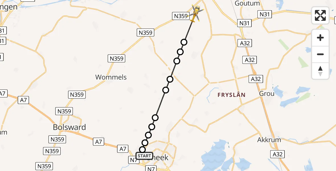 Vluchtroute Ambulancehelikopter Antonius Hospital Heliport - Hilaard, 09 augustus 2026, 16:08