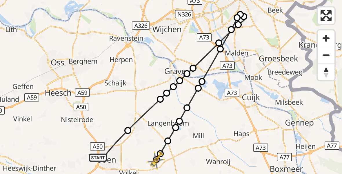 Vluchtroute Traumahelikopter Uden - Vliegbasis Volkel, 09 augustus 2026, 16:36