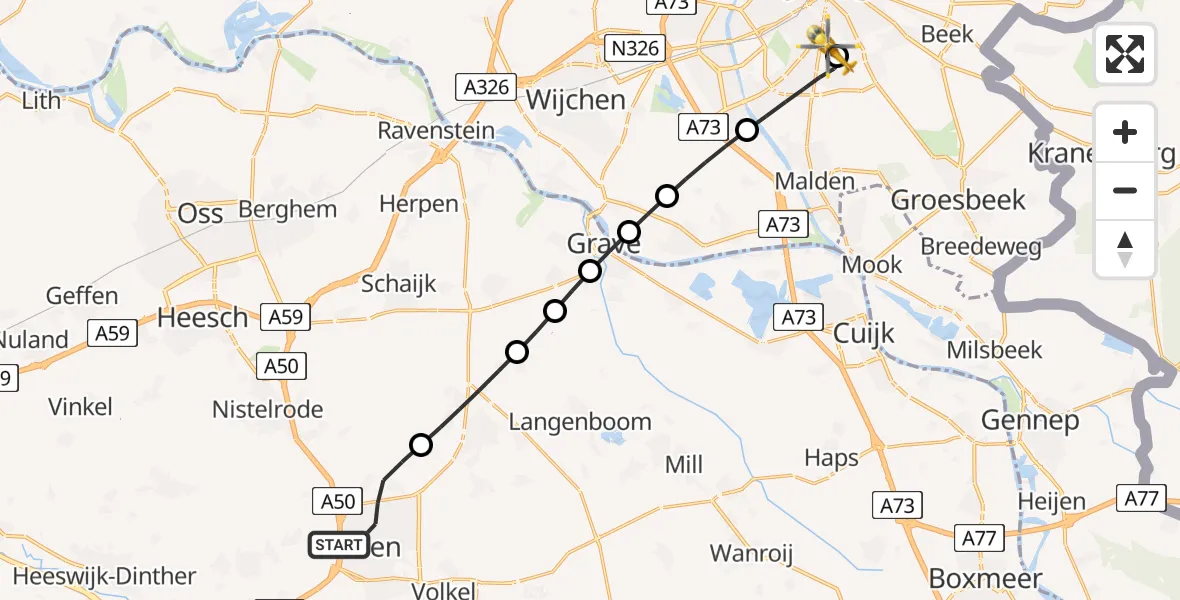 Vluchtroute Traumahelikopter Uden - Radboud University Medical Center Heliport, 09 augustus 2026, 16:51