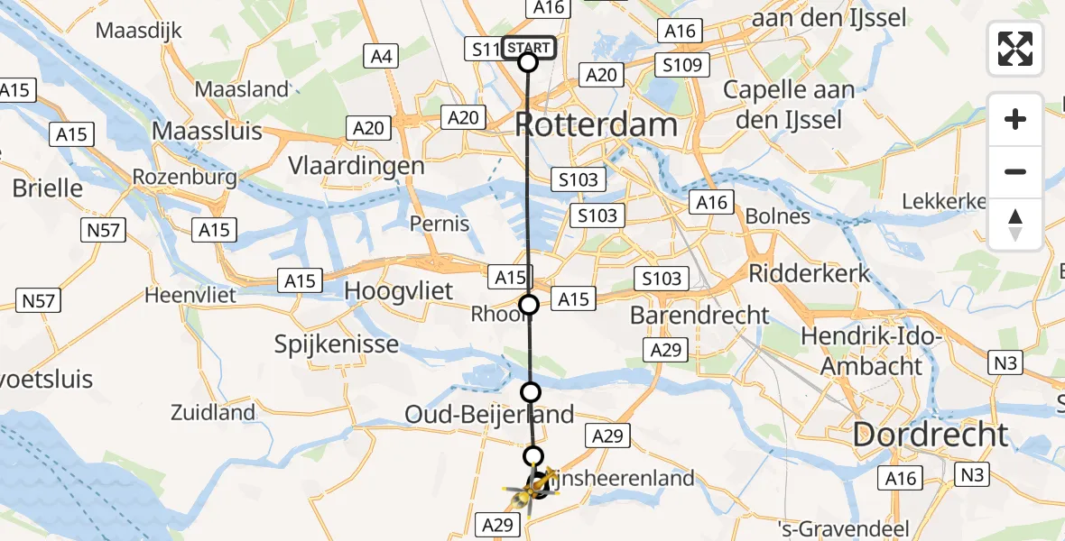 Vluchtroute Traumahelikopter Rotterdam The Hague Airport - Westmaas, 09 augustus 2026, 19:40