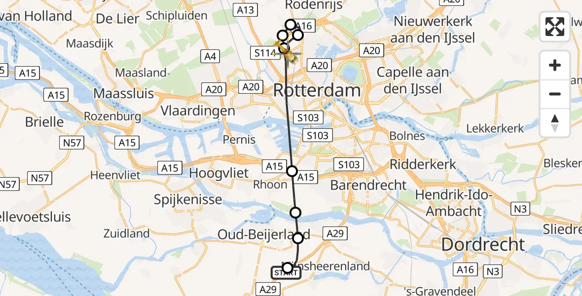Vluchtroute Traumahelikopter Westmaas - Rotterdam The Hague Airport, 09 augustus 2026, 20:07
