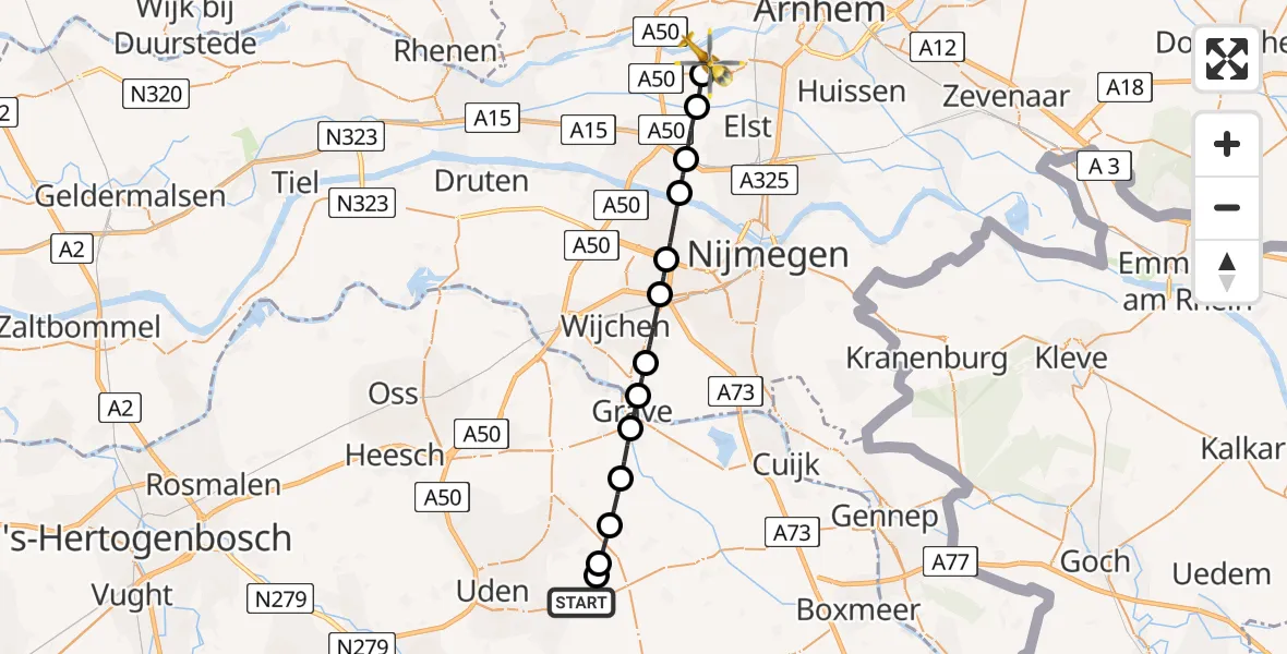 Vluchtroute Traumahelikopter Vliegbasis Volkel - Driel, 10 augustus 2026, 02:08