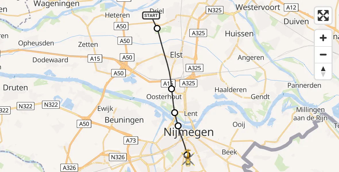 Vluchtroute Traumahelikopter Driel - Radboud University Medical Center Heliport, 10 augustus 2026, 02:33